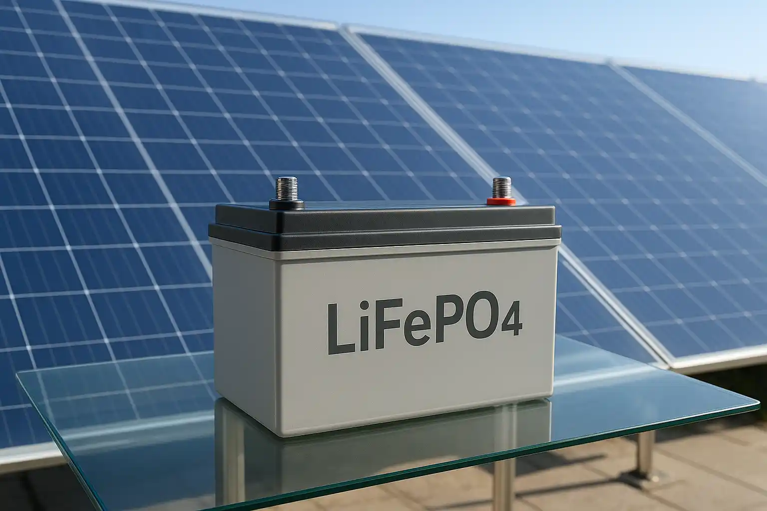 Nowoczesny akumulator LiFePO4 na tle paneli solarnych