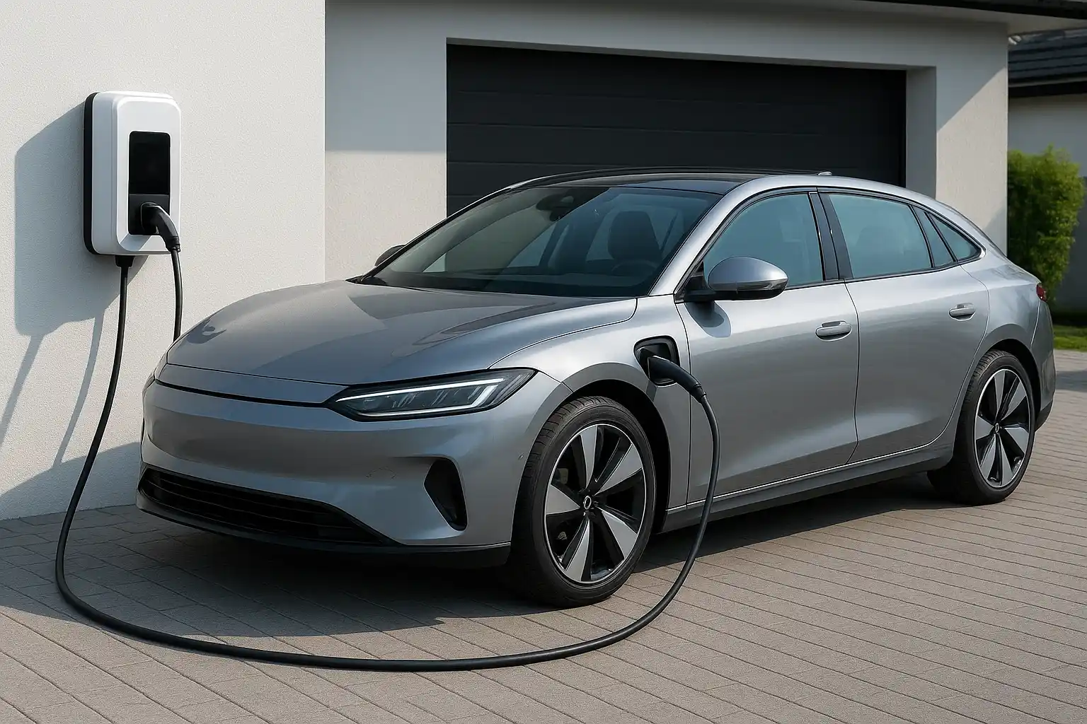 Samochód elektryczny podłączony do domowej ładowarki