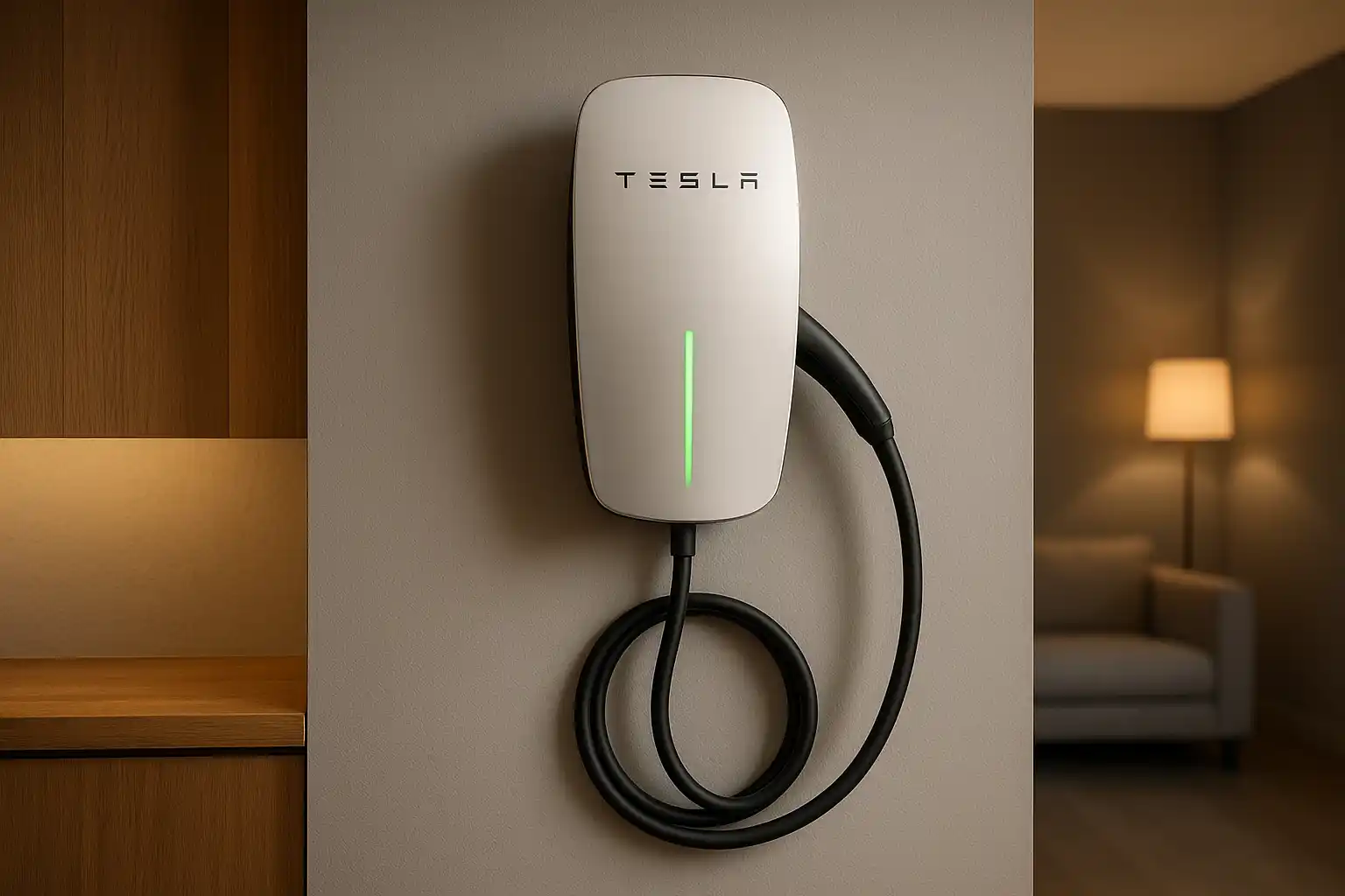 Ładowarka EV z logo Tesla w domu