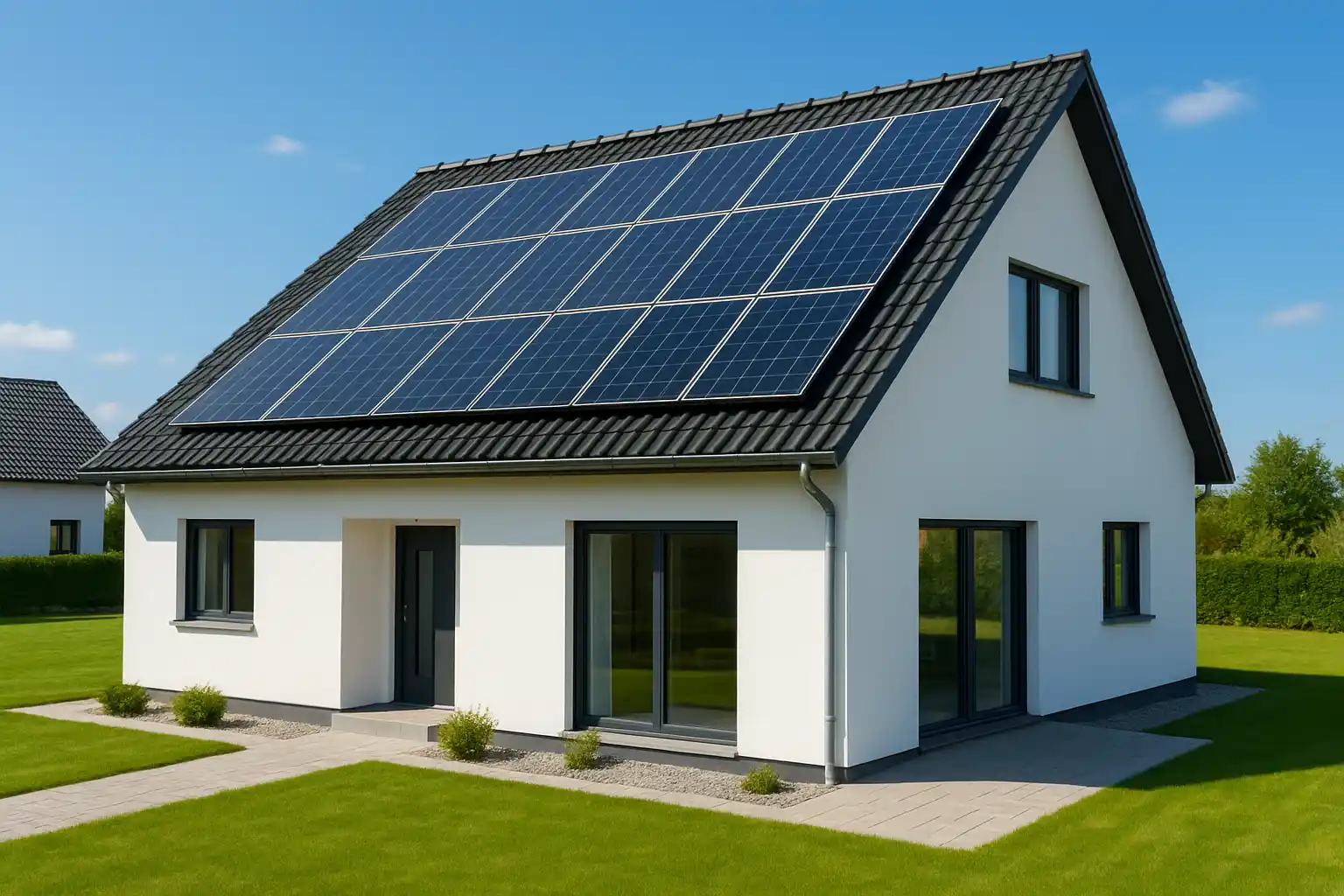 Modernes Einfamilienhaus mit Solarmodulen auf dem Dach