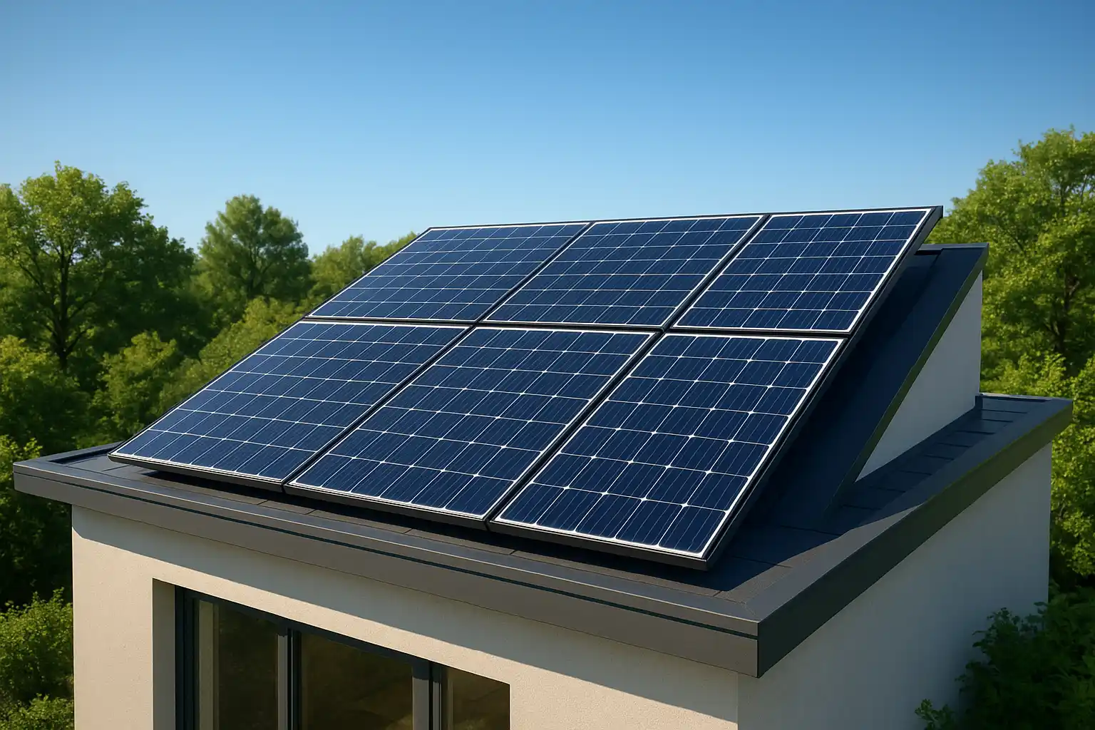 Modern house with solar panels on rooftop.