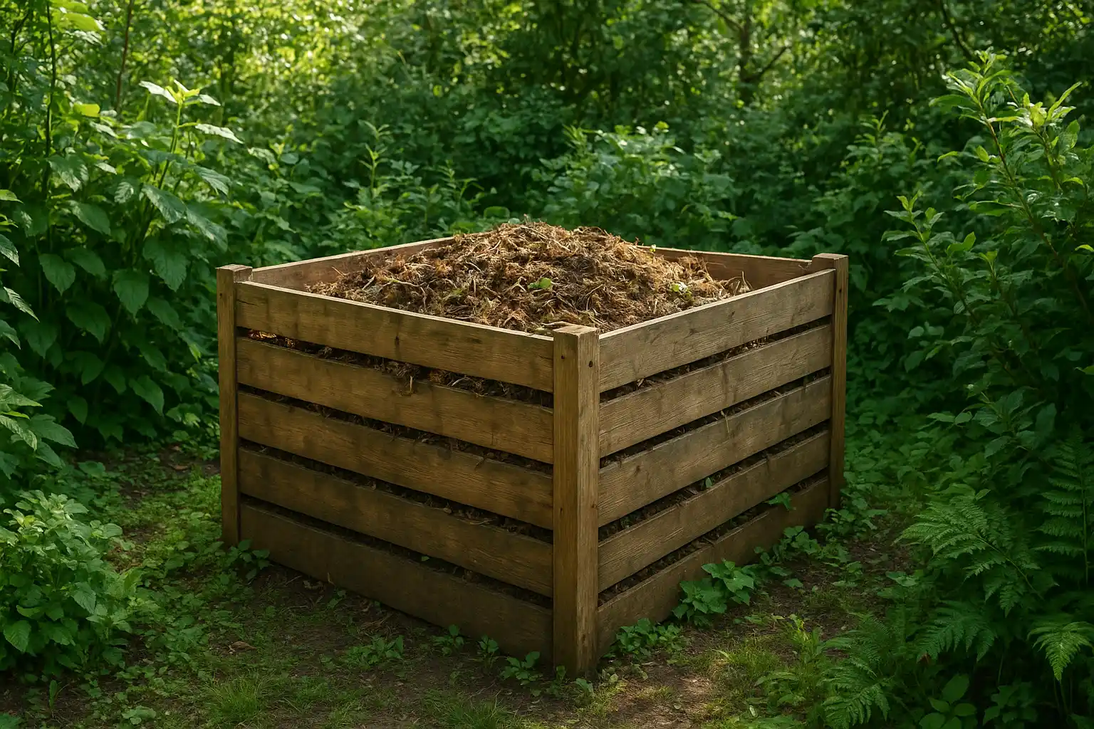 Holzkomposter im Garten, umgeben von Grünpflanzen.