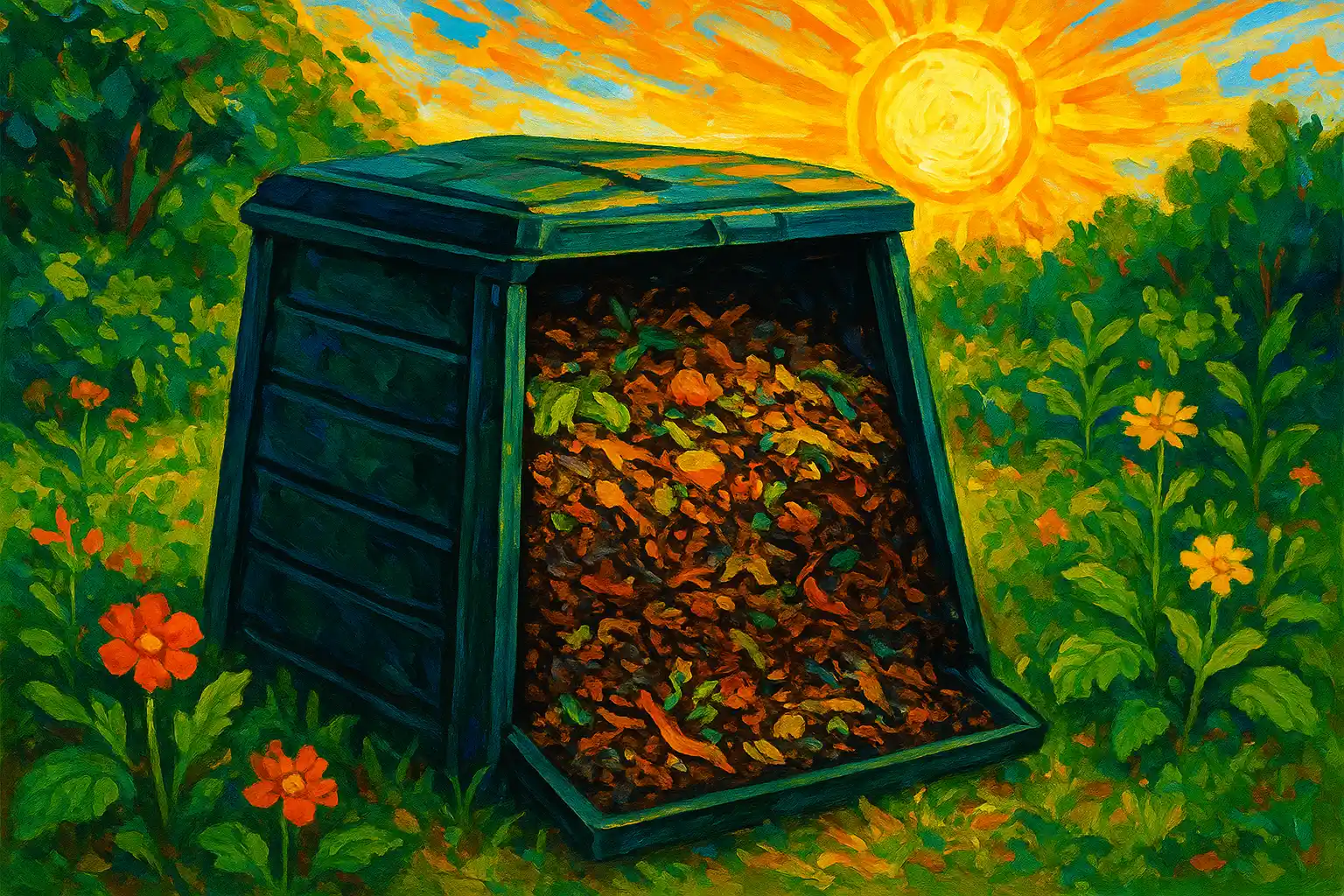 Kunststoffkomposter im Sonnenlicht.