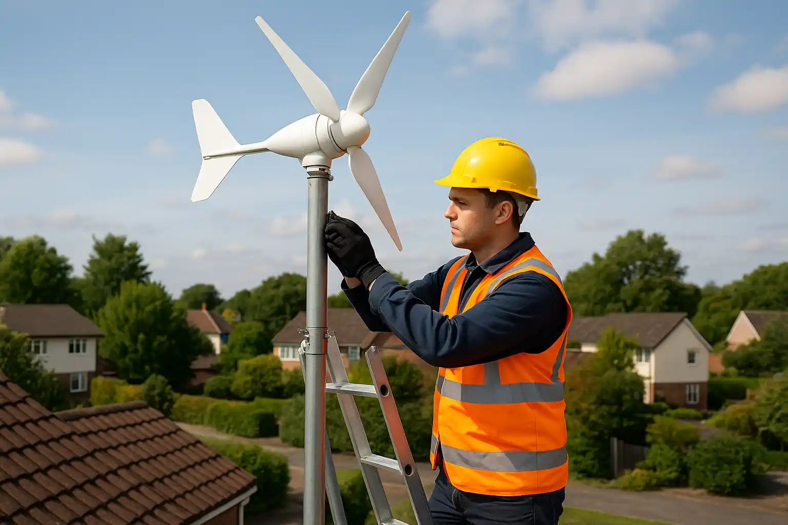 Technician installing a wind turbine