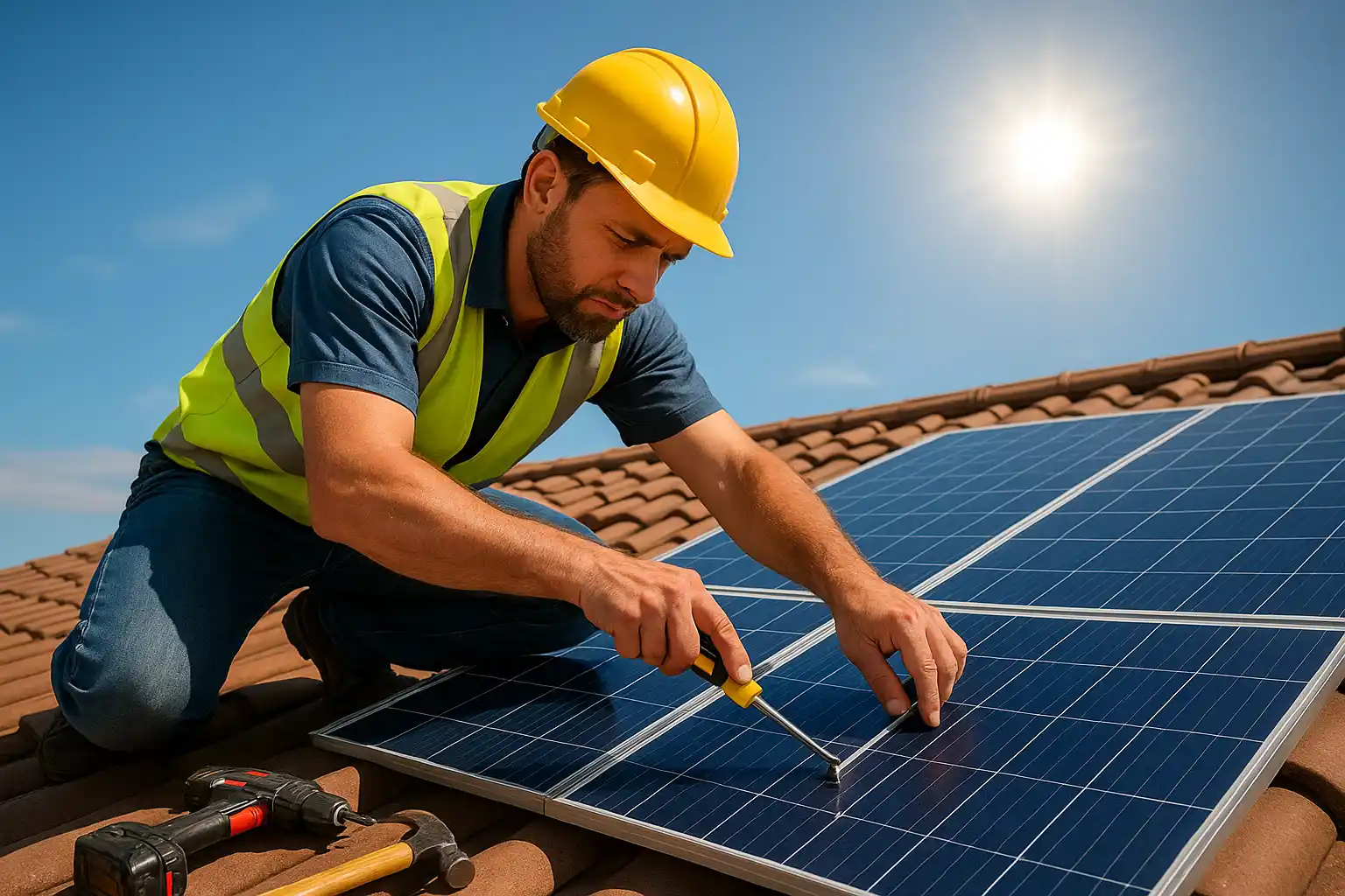Technician installing solar panels