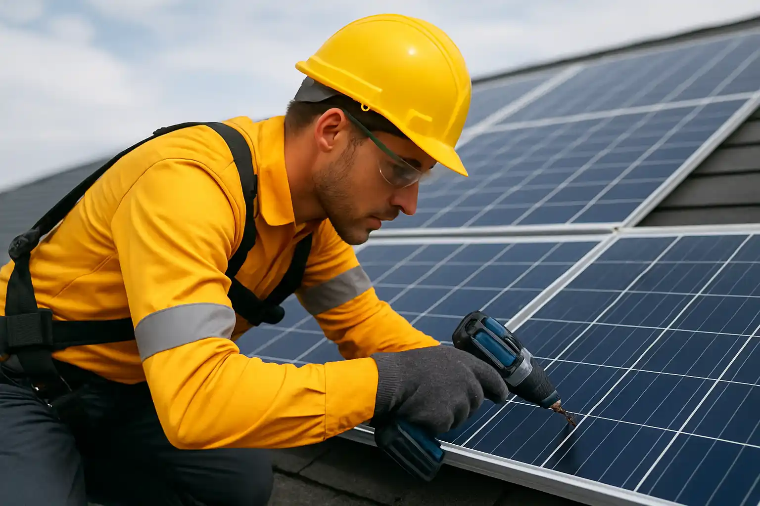 Technician installing solar panels on a roof