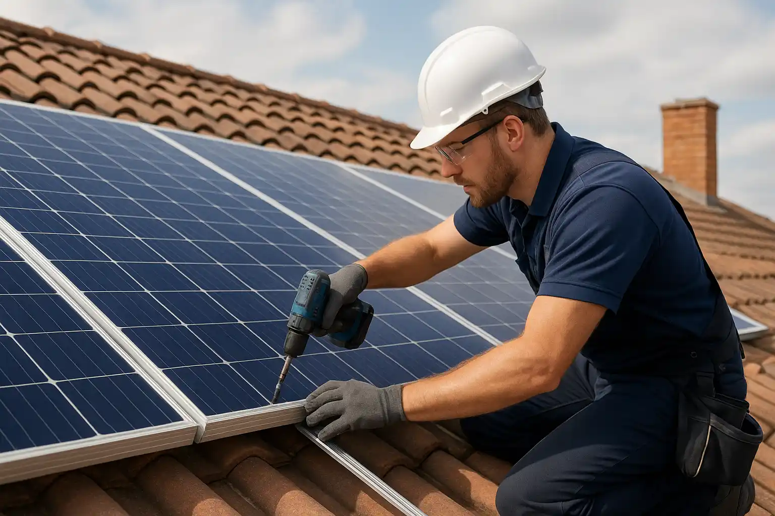 Technician installing Solar Roof PV