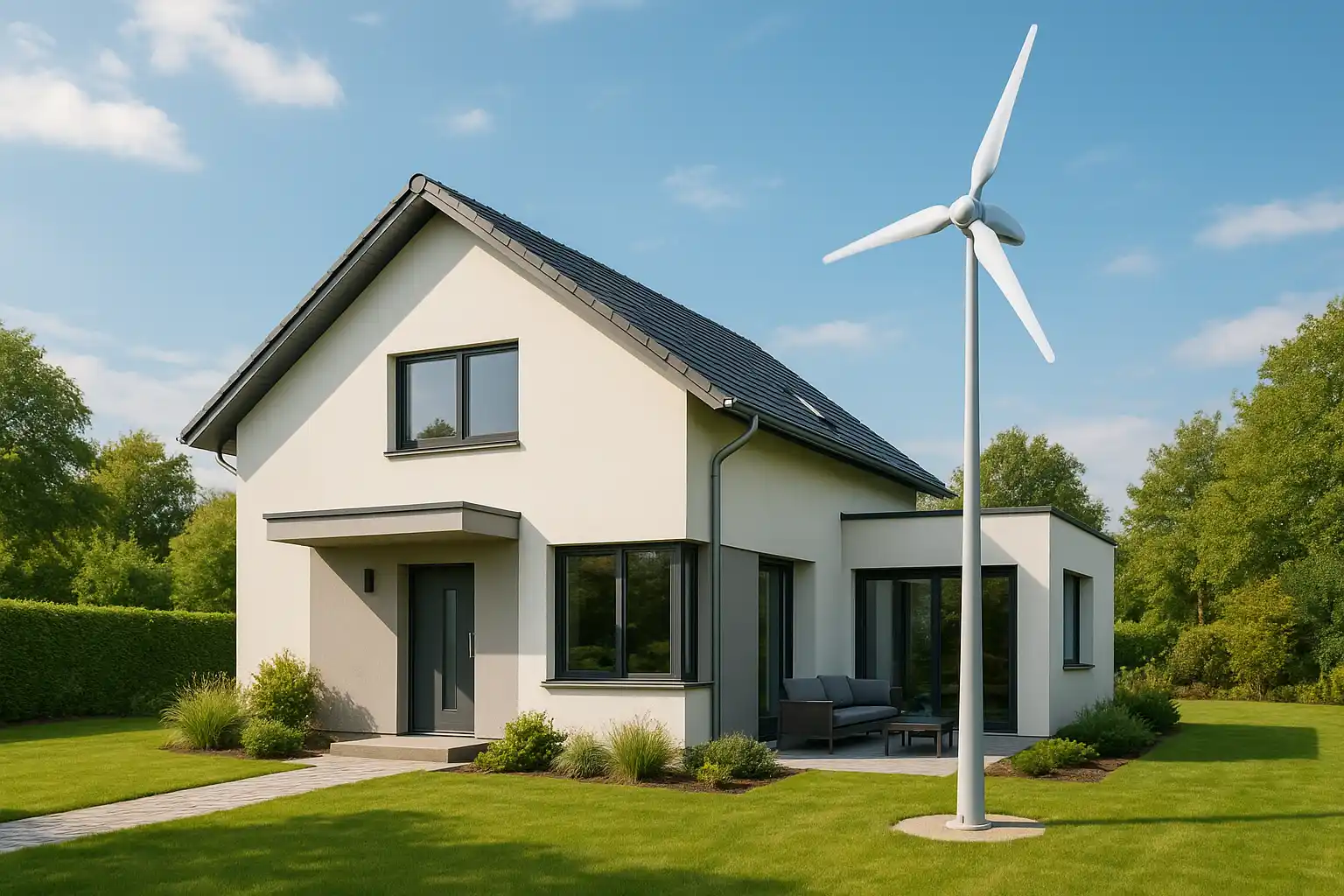 Haus mit kleiner Windkraftanlage